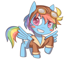 Size: 1280x1343 | Tagged: safe, artist:figgot, rainbow dash, pegasus, pony, g4, blush sticker, blushing, bomber jacket, chibi, clothes, cute, daaaaaaaaaaaw, dashabetes, female, goggles, grin, jacket, looking at you, mare, raised hoof, simple background, smiling, solo, spread wings, transparent background, wings