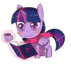 Size: 1280x1343 | Tagged: safe, artist:figgot, twilight sparkle, alicorn, pony, g4, blush sticker, blushing, book, clothes, cup, cute, daaaaaaaaaaaw, female, folded wings, glowing horn, horn, levitation, looking at something, magic, mare, reading, scarf, simple background, smiling, solo, standing, telekinesis, transparent background, twiabetes, twilight sparkle (alicorn), wings