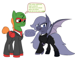 Size: 2548x2000 | Tagged: safe, artist:moonatik, oc, oc only, oc:moonatik, oc:selenite, bat pony, pegasus, pony, 4chan, armband, belt, boots, clothes, costume, crescent moon, dialogue, ear tufts, fangs, female, frown, glare, greentext, high res, lidded eyes, long hair, long mane, looking at someone, looking at you, male, mare, mask, medal, military uniform, moon, necktie, nightmare night costume, open mouth, ponytail, question mark, raised hoof, reeee, shoes, simple background, smiling, smirk, speech bubble, spread wings, stallion, suit, tail bun, talking, text, thought bubble, transparent background, uniform, wings