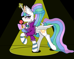 Size: 3504x2800 | Tagged: dead source, safe, artist:cuddlelamb, coloratura, princess celestia, alicorn, pony, g4, candy, clothes, cosplay, costume, female, food, glowing horn, high res, horn, levitation, licking, lollipop, magic, mare, telekinesis, tongue out