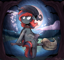 Size: 1024x955 | Tagged: safe, artist:urbanqhoul, oc, oc only, oc:kenzie, earth pony, pony, broom, cape, clothes, flying, flying broomstick, grass, hat, moon, night, signature, sitting, solo, water, witch