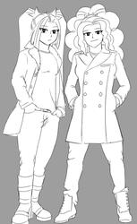 Size: 1400x2292 | Tagged: artist needed, source needed, safe, adagio dazzle, aria blaze, equestria girls, g4, clothes, duo, grayscale, looking at you, monochrome, soda stereo, trenchcoat