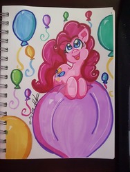 Size: 1024x1365 | Tagged: safe, artist:yoshimarsart, pinkie pie, earth pony, pony, g4, balloon, deviantart watermark, female, inktober, looking up, mare, obtrusive watermark, open mouth, prone, smiling, solo, that pony sure does love balloons, traditional art, watermark