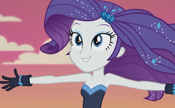 Size: 1165x720 | Tagged: safe, screencap, rarity, equestria girls, equestria girls series, g4, the other side, arms spread out, bare shoulders, clothes, female, gloves, sleeveless, smiling, solo, strapless, windswept hair, windswept mane