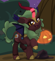 Size: 1671x1842 | Tagged: safe, artist:lockhe4rt, cinder glow, summer flare, kirin, spider, g4, sounds of silence, background kirin, cloven hooves, cute, fake cutie mark, fake wings, fangs, female, fishnet stockings, glowing horn, halloween, hat, holiday, horn, jack-o-lantern, looking at you, night, open mouth, pumpkin, raised hoof, smiling, solo, witch hat