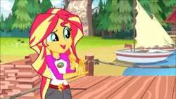 Size: 640x360 | Tagged: safe, edit, screencap, pinkie pie, sunset shimmer, equestria girls, g4, my little pony equestria girls: legend of everfree, animated, female, glowing eyes, meme, sound, sunset sees things, webm