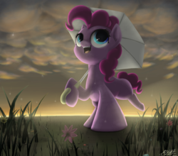 Size: 2500x2200 | Tagged: safe, artist:phoenixrk49, pinkie pie, earth pony, pony, g4, female, high res, looking away, looking up, mare, open mouth, outdoors, perspective, raised leg, smiling, solo, umbrella, walking