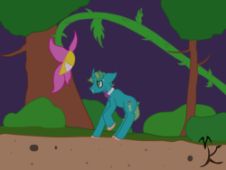Size: 1280x960 | Tagged: safe, artist:valravnknight, oc, oc only, oc:star thistle, pony, unicorn, evil grin, evil plant, forest, grin, plant, smiling, solo