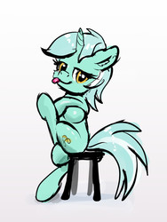 Size: 1047x1390 | Tagged: safe, artist:xbi, lyra heartstrings, pony, unicorn, g4, female, looking at you, mare, meme, simple background, sitting, sitting lyra, solo, stool, tongue out, white background