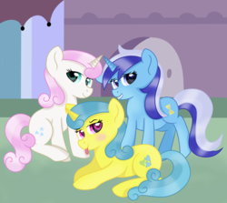 Size: 3000x2678 | Tagged: safe, artist:rainbowtashie, lemon hearts, minuette, twinkleshine, pony, unicorn, g4, cute, female, high res, looking at you, mare, smiling, tongue out, trio