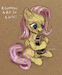 Size: 1663x2000 | Tagged: safe, artist:xbi, fluttershy, pegasus, pony, g4, 30 minute art challenge, cute, dialogue, ear fluff, female, fluffy, happy, hug, mare, roomba, roombashy, shyabetes, sitting, vrrr
