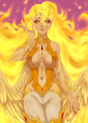 Size: 2890x4006 | Tagged: safe, artist:coconuthound, daybreaker, human, g4, absolute cleavage, breasts, cleavage, clothes, female, fire, gem, horns, humanized, looking at you, smiling, solo, wings
