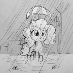 Size: 1240x1255 | Tagged: safe, artist:tjpones, pinkie pie, earth pony, pony, g4, black and white, cute, diapinkes, ear fluff, female, filly, filly pinkie pie, flower, grayscale, hat, inktober, inktober 2018, monochrome, puddle, rain, smiling, solo, standing, traditional art, umbrella, umbrella hat, younger
