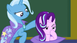 Size: 1920x1080 | Tagged: safe, edit, edited screencap, screencap, starlight glimmer, trixie, totally legit recap, a matter of principals, g4, no second prances, boop, cape, classroom, clothes, glimmerposting, hat, looking down, magic, meme, self-boop, smiling, smug, trixie's cape, trixie's hat