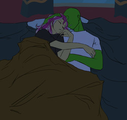 Size: 2530x2390 | Tagged: safe, artist:torako, sunset shimmer, oc, oc:anon, human, equestria girls, g4, bed, cuddling, female, high res, male, sleeping, sleeping together, snuggling