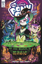 Size: 2063x3131 | Tagged: safe, artist:andypriceart, idw, princess cadance, princess celestia, princess luna, alicorn, bat, cat, pony, g4, spoiler:comic, spoiler:comic71, bedroom eyes, candle, cauldron, clothes, do you believe in magic?, female, halloween, hat, high res, holiday, hood, hoof shoes, jack-o-lantern, looking at you, mare, moon, nightmare night, photo, pumpkin, skull, staff, top hat, trio, witch, witch hat