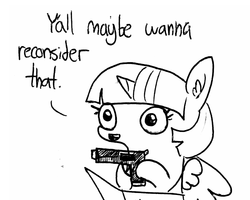 Size: 1280x1024 | Tagged: safe, artist:tjpones, twilight sparkle, alicorn, pony, sparkles! the wonder horse!, g4, adventure in the comments, black and white, cropped, delet this, dialogue, ear fluff, female, grayscale, gun, handgun, hoof hold, lineart, monochrome, pistol, reaction image, reconsidering in the comments, simple background, solo, speech, traditional art, twilight sparkle (alicorn), weapon, y'all