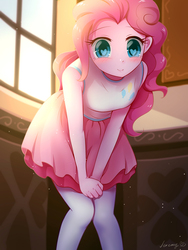 Size: 3000x4000 | Tagged: safe, artist:jeremywithlove, pinkie pie, equestria girls, g4, blushing, clothes, cute, diapinkes, female, heart eyes, high res, looking at you, pantyhose, skirt, skirt pull, smiling, solo, window, wingding eyes