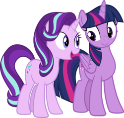 Size: 2000x1896 | Tagged: safe, artist:whalepornoz, starlight glimmer, twilight sparkle, alicorn, pony, unicorn, g4, it isn't the mane thing about you, .svg available, duo, female, folded wings, horn, looking at each other, mare, open mouth, simple background, smiling, teacher and student, transparent background, twilight sparkle (alicorn), vector, wings