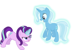 Size: 2000x1318 | Tagged: safe, artist:whalepornoz, starlight glimmer, trixie, pony, unicorn, g4, no second prances, .svg available, duo, female, floating, glowing horn, horn, levitation, looking at each other, magic, mare, open mouth, simple background, telekinesis, transparent background, vector