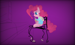 Size: 2000x1200 | Tagged: safe, artist:packy paca, pinkie pie, pony, g4, apple juice, chair, clothes, female, gradient background, hoodie, hoof hold, juice, no pupils, sitting, solo, tired