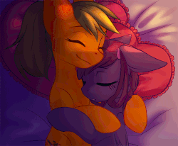 Size: 755x622 | Tagged: safe, artist:vallionshad, oc, oc only, oc:pepper slice, oc:sweet heat, oc:vee ness, pegasus, pony, animated, bed, eyes closed, female, heart, lesbian, oc x oc, pillow, shipping, sleeping, smiling, ych result