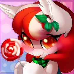 Size: 2500x2500 | Tagged: safe, artist:vallionshad, oc, oc only, pony, blushing, candy, cute, food, high res, lollipop, looking at you, signature, smiling, solo, tongue out, ych result