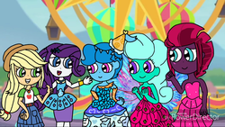 Size: 1280x720 | Tagged: safe, artist:徐詩珮, applejack, fizzlepop berrytwist, glitter drops, rarity, spring rain, tempest shadow, equestria girls, equestria girls series, g4, rollercoaster of friendship, carousel, carousel dress, clothes, dress, equestria girls-ified, female, implied rarity, lesbian, polyamory, ship:glittershadow, ship:rarijack, ship:springdrops, ship:springshadow, ship:springshadowdrops, shipping, tomboy taming, wings