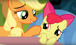 Size: 1297x767 | Tagged: safe, edit, edited screencap, screencap, apple bloom, applejack, bloom & gloom, g4, :c, concerned, frown, inverted mouth