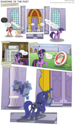 Size: 3000x5053 | Tagged: safe, artist:perfectblue97, princess celestia, princess luna, twilight sparkle, alicorn, bat pony, bat pony alicorn, earth pony, pony, unicorn, comic:shadows of the past, g4, ant-man, arrow, bat wings, book, canterlot, canterlot castle, censored, clothes, comic, comic book, food, glowing, glowing horn, hoodie, horn, lighter, magic, male, marco diaz, marvel, misspelling, ponified, royal guard, scissors, spider-man, squirrel girl, star butterfly, star vs the forces of evil, target, telekinesis, unnecessary censorship, whipped cream, wings, x-men