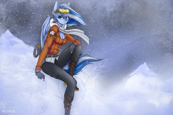 Size: 4500x3000 | Tagged: safe, artist:redwix, oc, oc only, oc:falling skies, pegasus, anthro, anthro oc, breasts, cleavage, clothes, female, freckles, goggles, jacket, scarf, snow, snowfall, solo, ych result