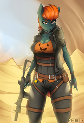 Size: 5500x8000 | Tagged: safe, artist:redwix, oc, oc only, anthro, absurd resolution, anthro oc, clothes, female, gun, looking at you, solo, weapon, ych result