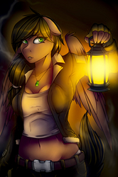 Size: 1920x2895 | Tagged: safe, artist:redwix, oc, oc only, pegasus, anthro, 2017, anthro oc, belly button, cave, clothes, female, green eyes, lantern, midriff, pants, scribble netty, solo, ych result