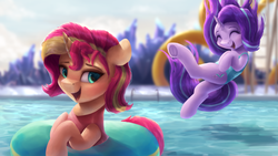 Size: 1920x1080 | Tagged: safe, artist:vanillaghosties, starlight glimmer, sunset shimmer, pony, unicorn, g4, clothes, cute, duo, duo female, eyes closed, falling, female, glimmerbetes, inner tube, looking at you, mare, not fiery shimmer, one-piece swimsuit, open mouth, shimmerbetes, smiling, swimming pool, swimsuit, underhoof, water