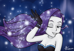 Size: 1301x888 | Tagged: safe, artist:mitconnors, rarity, equestria girls, g4, my little pony equestria girls: better together, the other side, breasts, cleavage, clothes, female, gloves, lidded eyes, one eye closed, smiling, solo, sparkles, wind