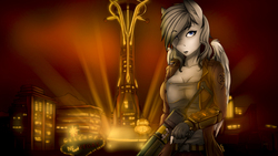 Size: 2267x1275 | Tagged: safe, artist:redwix, oc, oc only, oc:swift ghost, pegasus, anthro, 2017, anthro oc, city, clothes, fallout, fallout: new vegas, gun, pants, solo, video game crossover, weapon, ych result
