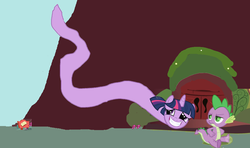 Size: 2000x1180 | Tagged: safe, derpibooru exclusive, edit, edited screencap, spike, twilight sparkle, original species, snake, snake pony, g4, season 1, are you frustrated?, floating, flying, golden oaks library, ironic, meme, ms paint, necc, wat