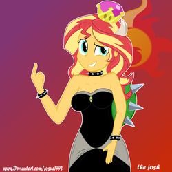 Size: 3500x3500 | Tagged: safe, artist:josue1992, sunset shimmer, equestria girls, g4, bare shoulders, bowsette, breasts, busty sunset shimmer, cleavage, clothes, cosplay, costume, dress, female, high res, sleeveless, solo, strapless, super crown, toadette