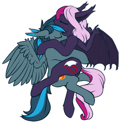Size: 3000x3000 | Tagged: safe, artist:phenya, oc, oc only, oc:lilac mist, oc:rosy firefly, bat pony, pegasus, pony, butt, chest fluff, cuddling, ear fluff, ear tufts, eyes closed, floppy ears, high res, hug, lying down, male, on side, plot, shoulder fluff, simple background, sleeping, smiling, snuggling, spread wings, stallion, white background, wings