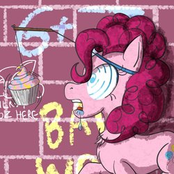 Size: 1000x1000 | Tagged: safe, artist:sixes&sevens, pinkie pie, earth pony, pony, g4, carrot on a stick, cupcake, drool, female, food, graffiti, hypnosis, inktober, inktober 2018, kaa eyes, pendulum swing, solo
