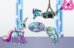 Size: 1024x661 | Tagged: safe, artist:author92, princess cadance, princess ember, alicorn, dragon, earth pony, pony, g4, alternate clothes, armor, bondage, bound wings, brightly colored ninjas, clothes, crystal castle, crystal empire, crystal guard, crystal guard armor, dragoness, female, gag, guard, kunoichi, mask, mma, ninja, rope, sports bra, story included, suspended, suspension bondage, tape gag