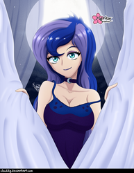 Size: 773x1000 | Tagged: safe, alternate version, artist:clouddg, princess luna, vice principal luna, human, equestria girls, g4, breasts, busty princess luna, choker, chokerluna, clothes, female, full moon, human coloration, lingerie, looking at you, moon, nightgown, sexy, signature, solo