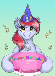 Size: 2000x2792 | Tagged: safe, artist:kittytitikitty, oc, oc only, pony, unicorn, birthday cake, cake, chest fluff, ear fluff, female, food, gradient background, hat, high res, looking at you, mare, party hat, solo