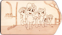 Size: 1024x592 | Tagged: safe, artist:malte279, limestone pie, marble pie, maud pie, pinkie pie, g4, craft, outlines only, pie sisters, pyrography, siblings, sisters, traditional art, wip