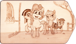 Size: 2845x1661 | Tagged: safe, artist:malte279, limestone pie, marble pie, maud pie, pinkie pie, g4, craft, pie sisters, pyrography, siblings, sisters, traditional art