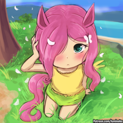 Size: 750x750 | Tagged: safe, artist:lumineko, fluttershy, human, pegasus, pony, g4, blushing, clothes, crossover, eared humanization, female, hair over one eye, humanized, outdoors, shirt, skirt, solo, tailed humanization, uma musume pretty derby, winged humanization, wings, younger