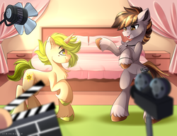 Size: 3019x2319 | Tagged: safe, artist:airiniblock, oc, oc only, oc:mr. write, oc:pixie star, earth pony, pony, unicorn, rcf community, bed, camera, featureless crotch, female, filming, high res, male, mare, movie set, open mouth, smiling, stallion