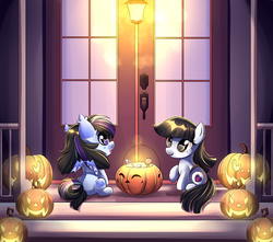 Size: 3333x2943 | Tagged: safe, artist:airiniblock, oc, oc only, bat pony, earth pony, pony, rcf community, bat pony oc, candy, clothes, costume, cute, door, duo, earth pony oc, female, filly, food, halloween, high res, holiday, jack-o-lantern, ocbetes, open mouth, pumpkin, smiling