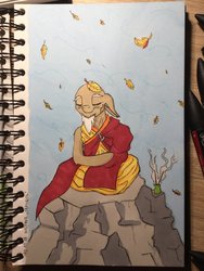 Size: 1024x1365 | Tagged: safe, artist:hebini, oc, oc only, earth pony, pony, autumn, buddhism, eyes closed, inktober, inktober 2018, leaves, meditating, monk, smiling, solo, traditional art