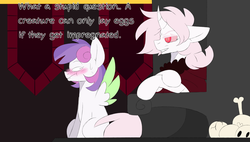 Size: 3500x1992 | Tagged: safe, artist:scarletverse, artist:taaffeiite, oc, oc only, oc:lavender belle, oc:scarlet starlight, pegasus, pony, unicorn, bone, cloak, clothes, dialogue, female, implied oviposition, mare, parent:cyberia starlight, parent:sakura starlight, scarletverse, simple background, skull, spread wings, wingboner, wings